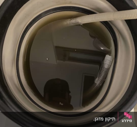 דלי עם מים כהים וצינור בתוכו על רצפה